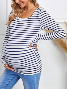 SHEIN Maternity Striped Print T-shirt - Blue and White - View 5