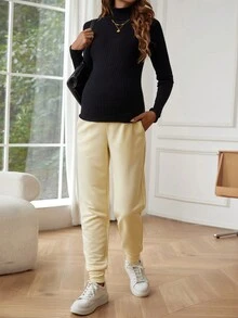 SHEIN Maternity Adjustable Wideband Waist Pants - Yellow - View 4