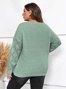 Flirla Plus Guipure Lace Panel Drop Shoulder Sweater Knit Pullover Fall Winter Sweater - Mint Green - View 2