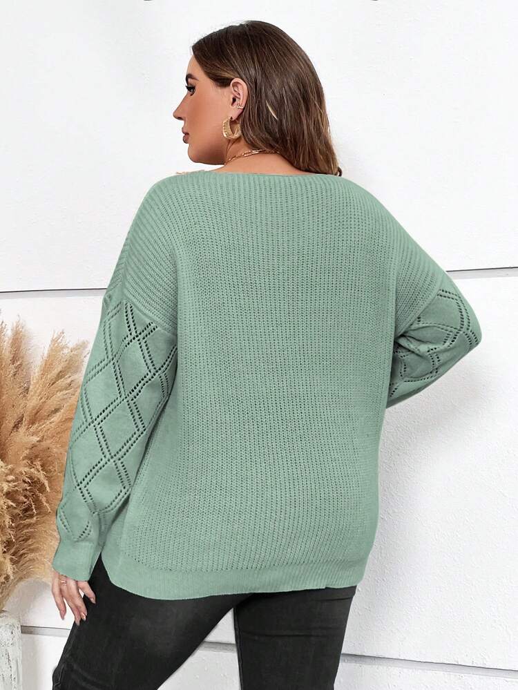 Plus Guipure Lace Panel Drop Shoulder Sweater Knit Pullover Fall Winter Sweater