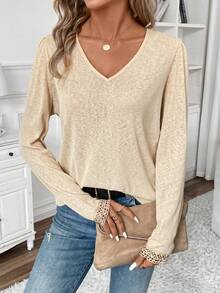 SHEIN Frenchy 對比花邊綁帶後背t恤 - 杏色 - 查看 2