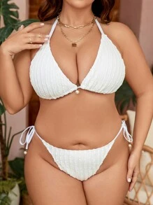 SHEIN Swim Curve 加大码特殊面料比基尼套装适合夏季海滩 - 白色 - 查看 1