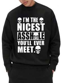 男士骷髏圖案落肩標語運動衫 - 黑色 - 查看 1