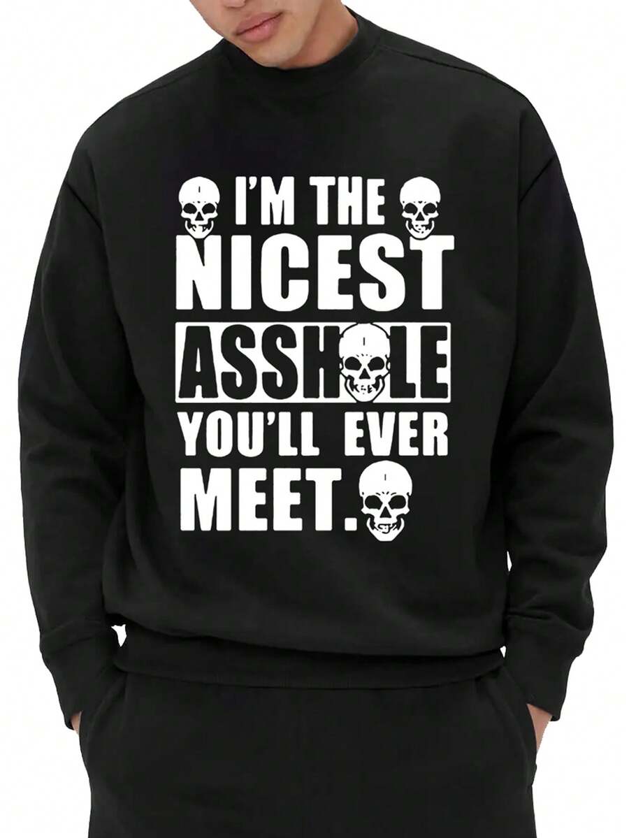 男士骷髏圖案落肩標語運動衫 - 黑色 - 查看 1