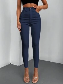 EURMUSE Solid Zipper Fly Skinny Jeans - Navy Blue - View 5