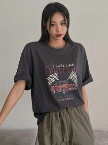 Dazy Star Ladies' Short Sleeve T-shirt With Letter & Car Pattern - Grey - View 3