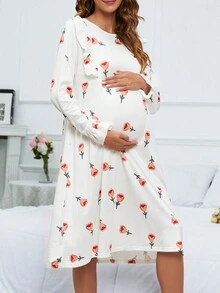 SHEIN 孕婦印花荷葉邊荷葉袖睡裙