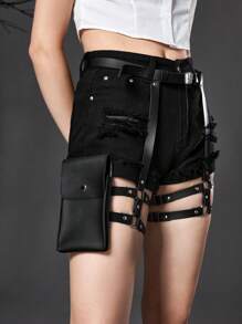 ROMWE Grunge Punk 1入組女性黑色雙層大腿帶手機口袋裝飾