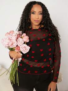 SHEIN CURVE+ Plus Size Women's Love Mesh Top/Valentine's Day - Black - View 6