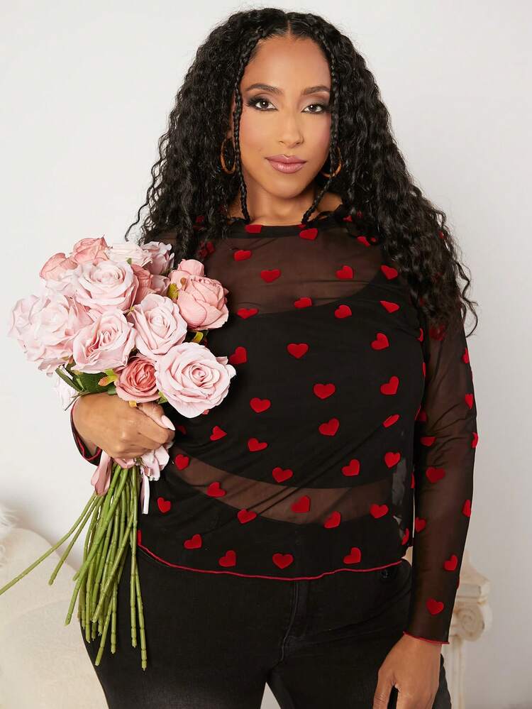 Plus Size Women's Love Mesh Top/Valentine's Day