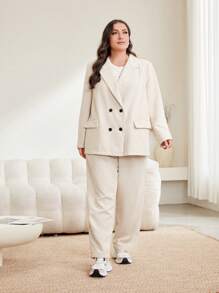 Mulvari 大尺碼女士雙排扣翻領西裝外套和長褲套裝 - 杏色 - 查看 4