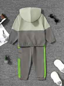 Baby Boy 2pcs Casual Color Block Hooded Top And Pants Outfit, Cargo Style - Grey - View 2