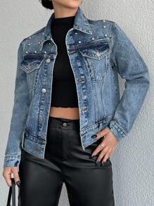 RueChic Flap Detail Beaded Denim Jacket - Medium Wash - View 1