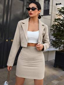 RueChic Lapel Neck Crop Blazer & Skirt - White - View 1