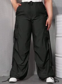 Plus Street Drawstring Waist Flap Pocket Side Parachute Style Cargo Pants - Black - View 1