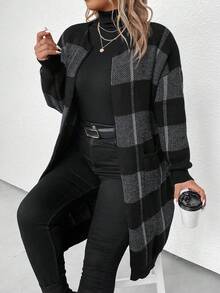 SHEIN LUNE Hơn Hoa văn kẻ sọc Thả vai Áo len Duster - Nhiều màu - Xem 3