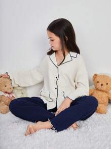 SHEIN 青少年女孩撞色边饰长袖家居服套装，2 件套 - 藏蓝色 - 查看 1