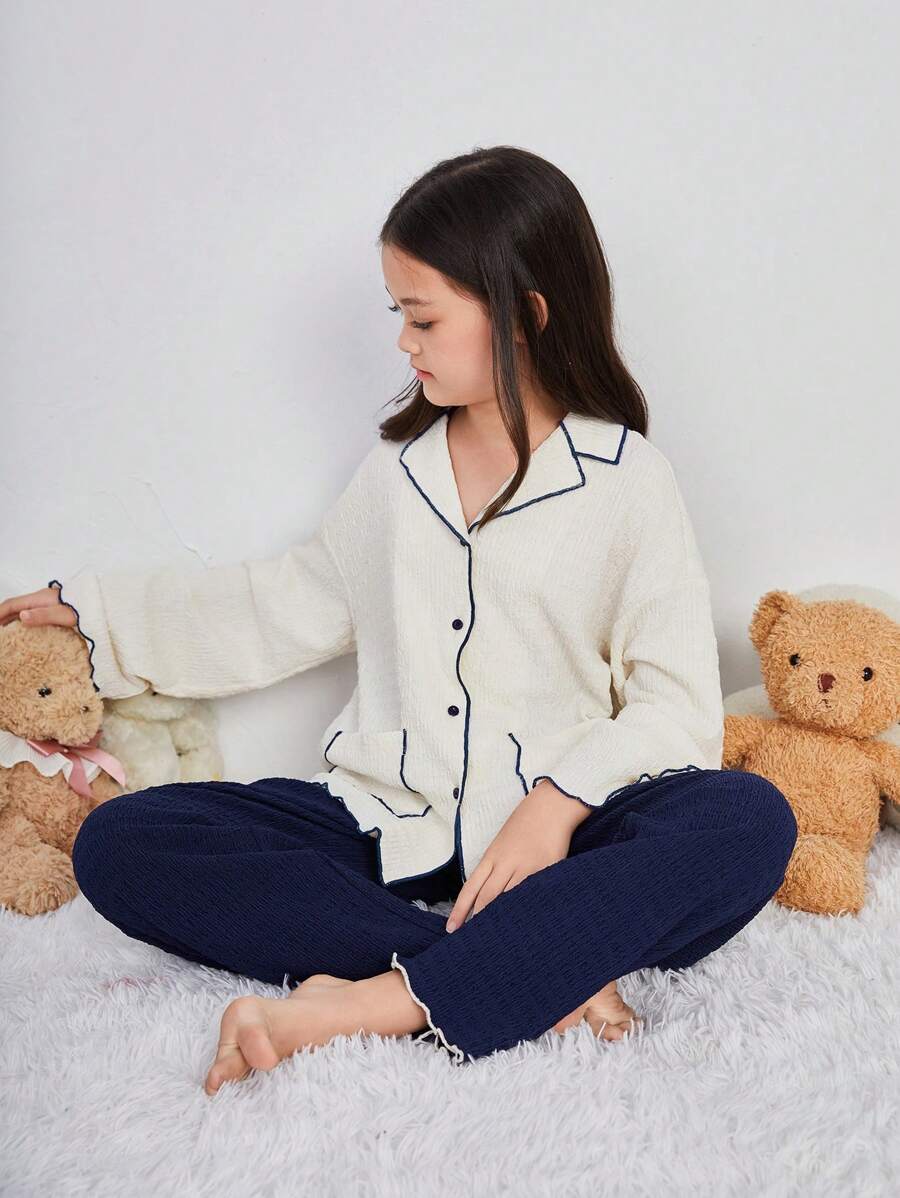 SHEIN 青少年女孩撞色边饰长袖家居服套装，2 件套 - 藏蓝色 - 查看 1