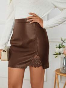 SHEIN Clasi Ren tương phản chất liệu da PU Váy bodycon - màu nâu - Xem 5