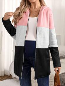 SHEIN Thai sản Khối màu áo có mũ Dây kéo Áo khoác - Nhiều màu - Xem 5