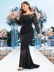 Vestido de noche formal de encaje color negro con hombros descubiertos y estilo cola de sirena, de manga larga, para graduación, cena o fiesta, vestido de invitada de boda - Negro - Ver 5