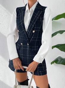 Calvaya 格紋雙排釦馬甲西裝外套&短褲 - 藍色 - 查看 4