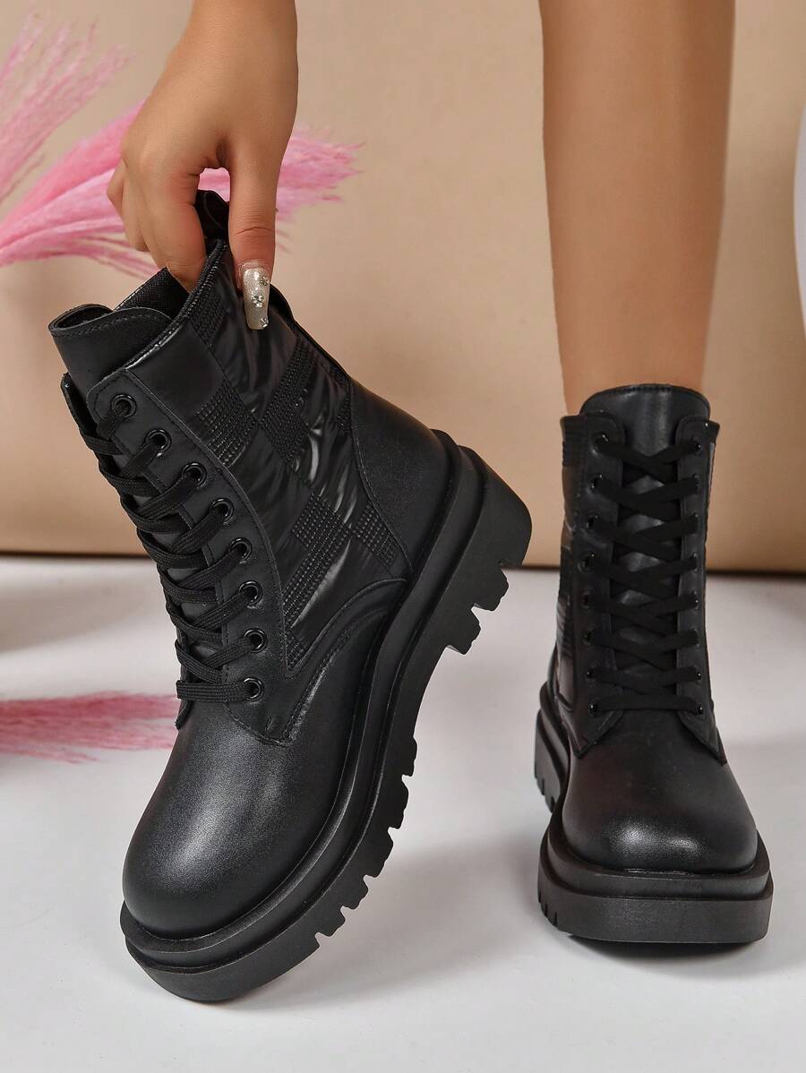2023秋冬女士低跟靴,配休閒綁帶,平底,中筒百搭靴子 - 黑色 - 查看 1