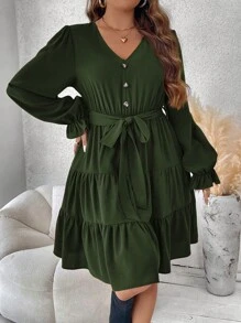 SHEIN Franclia Vestido Con Vuelo Y Dobladillo Con Volantes De Talla Grande - Verde militar - Ver 1