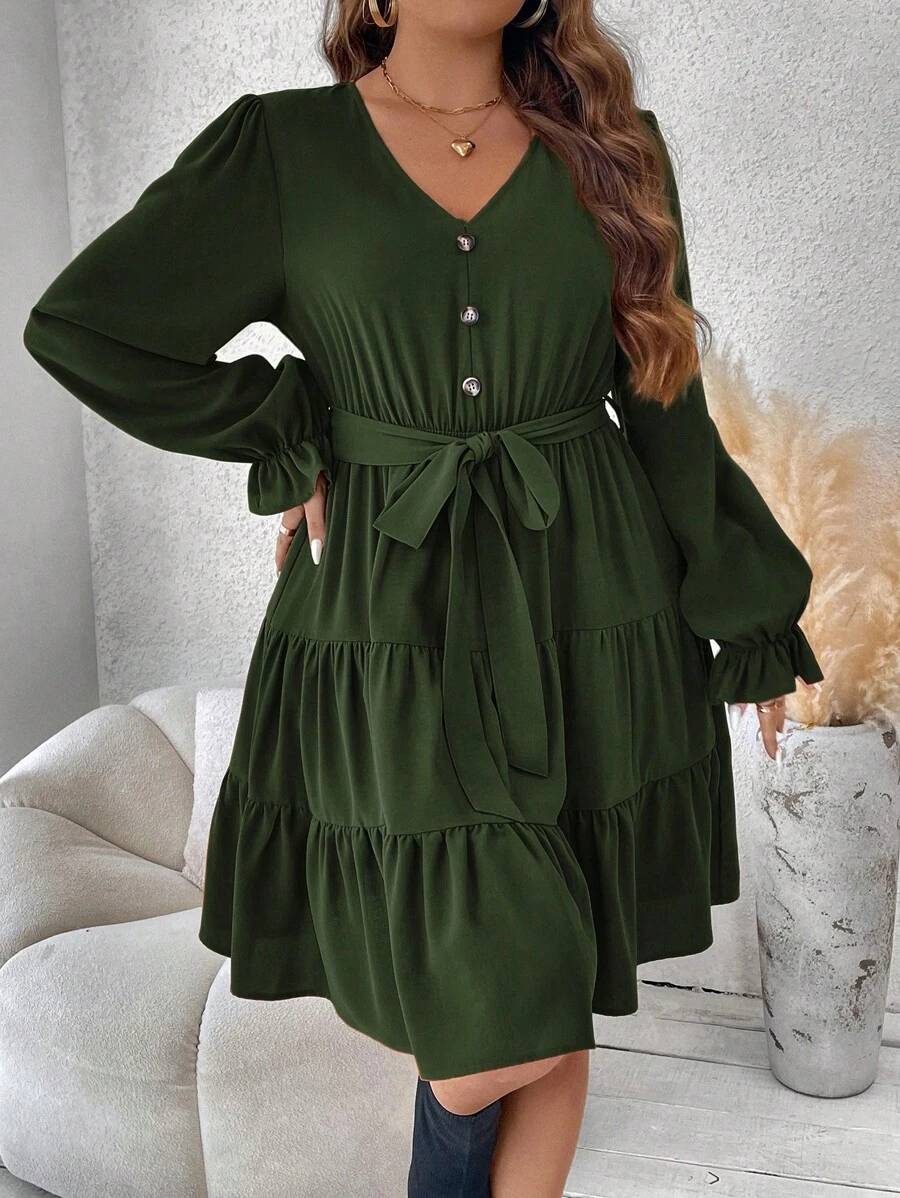SHEIN Franclia Vestido Con Vuelo Y Dobladillo Con Volantes De Talla Grande - Verde militar - Ver 1