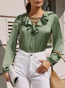 RueChic Lace Up Front Ruffle Trim Lantern Sleeve Satin Blouse - Army Green - View 7