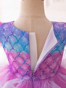 Young Girl Fish Scales Print Ruffle Trim Party Dress - Multicolor - View 3