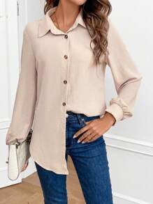SHEIN Frenchy 素色前紐扣襯衫 - 杏色 - 查看 4