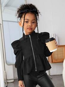 SHEIN Young Girl Gigot Sleeve Ruffle Hem Blouse - Black - View 5