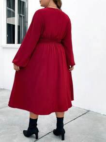 SHEIN Unity Más El Vestido De Talla De Mangas De Linterna Con Dobladillo De Volantes - Burdeos - Ver 3