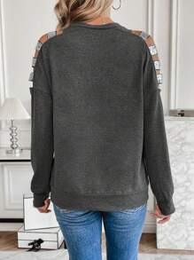 SHEIN LUNE Glitter Patchwork Hollow Out Sweatshirt Pullover Fall Sweatshirt - Dark Grey - View 2