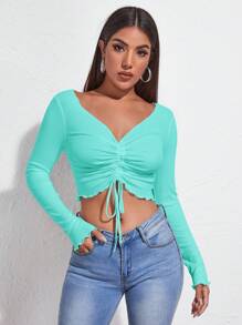 SHEIN Essnce 前抽繩木耳邊短款T恤 - 薄荷藍 - 查看 1