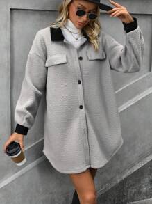 SHEIN Clasi áo Với Chi tiết về Flap , Nút phía trước Khép kín , Thả vai - Xám - Xem 6