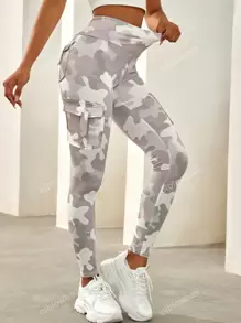 Camo Print Flap Pocket Side Running Yoga Stretch Leggings