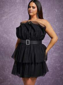 Hauture Plus Layer Hem Ruffle Tube Dress - Hitam - View 4