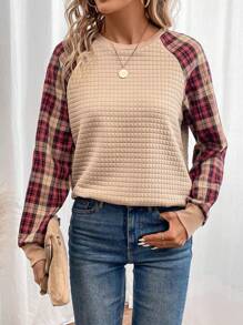 SHEIN LUNE Plaid Raglan Sleeve Sweatshirt In Fall/Winter,Casual - Multicolor - View 6