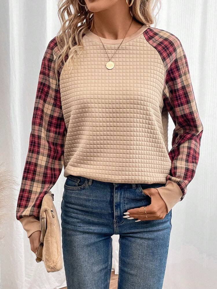 Plaid Raglan Sleeve Sweatshirt In Fall/Winter,Casual