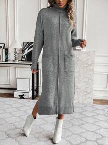 SHEIN Clasi 女性毛衣洋裝帶側下擺開叉和口袋 - 淺灰色 - 查看 1