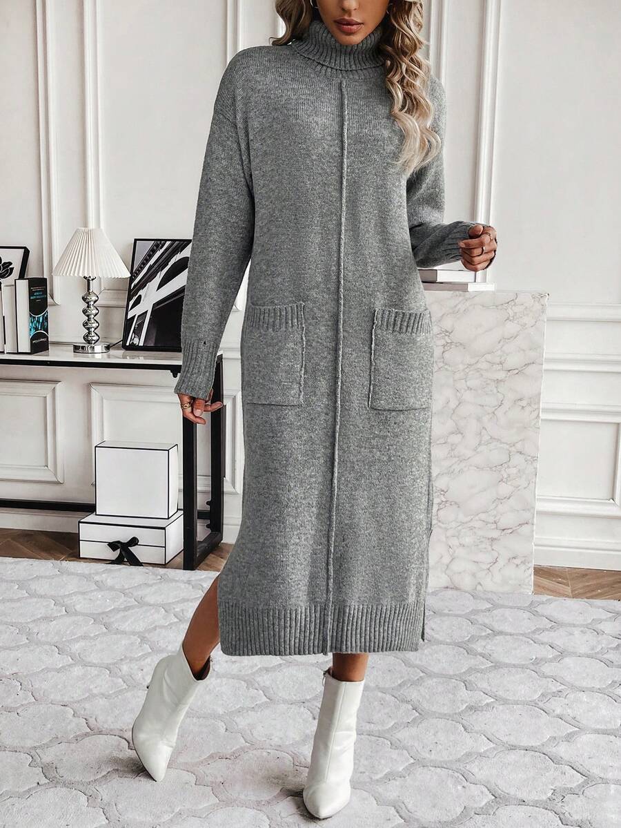 SHEIN Clasi 女性毛衣洋裝帶側下擺開叉和口袋 - 淺灰色 - 查看 1