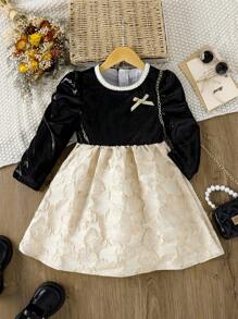 SHEIN Toddler Girls' Puff Sleeve Floral Embroidery Hem Dress