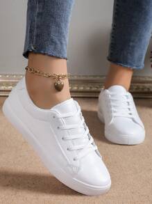 女性休閒運動平底時尚運動鞋,多用途白色鞋 - 白色 - 查看 1