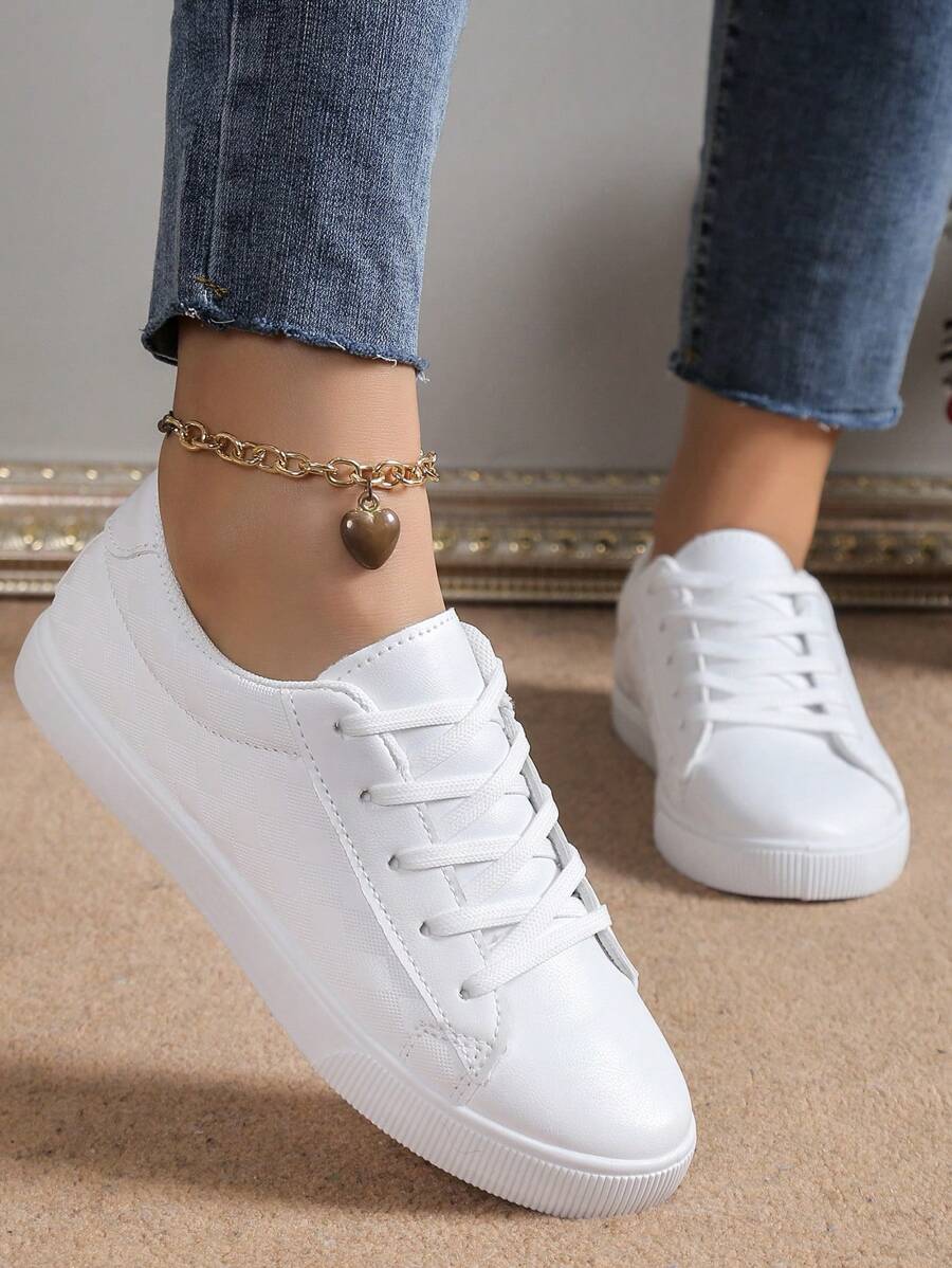 女性休閒運動平底時尚運動鞋,多用途白色鞋 - 白色 - 查看 1