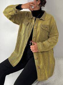 RueChic Plus Herringbone Print Drop Shoulder Coat - Mustard Yellow - View 1