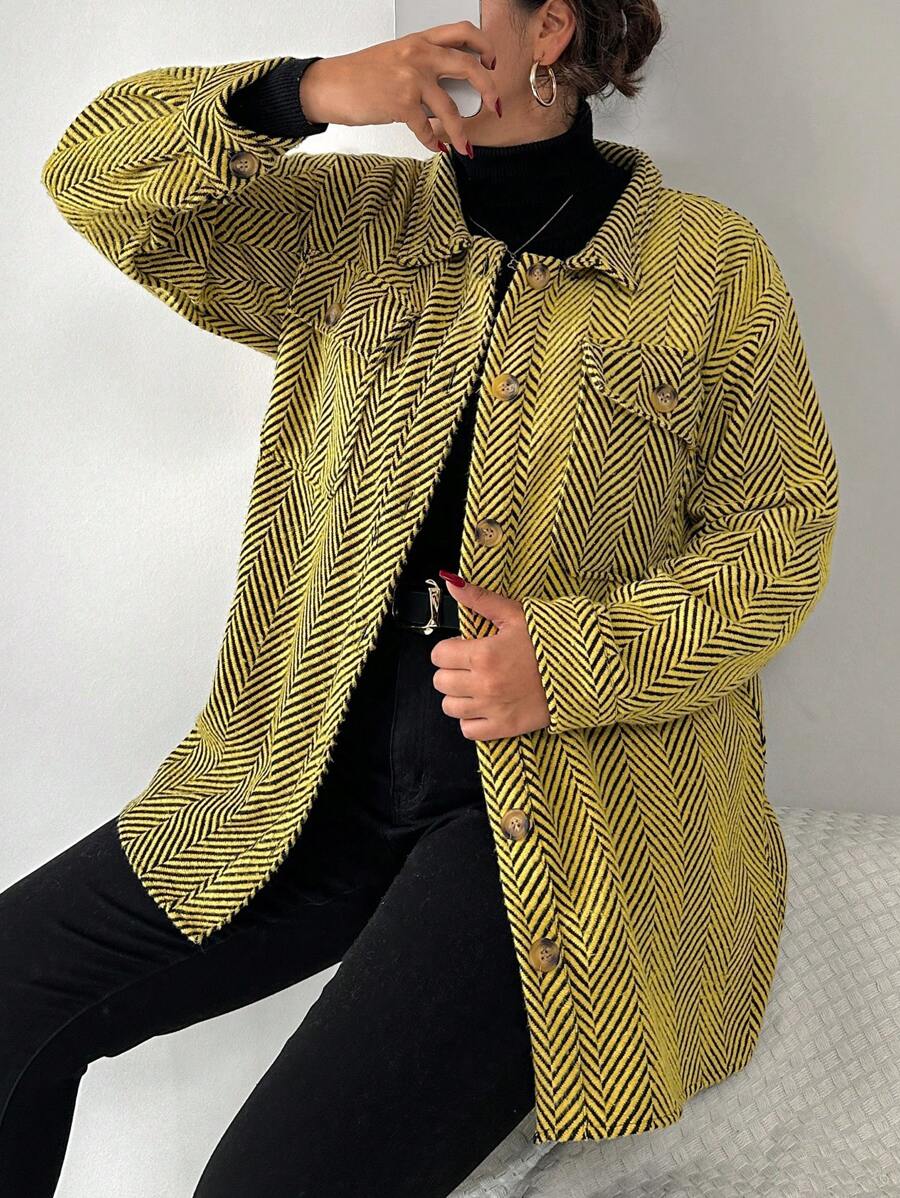 RueChic Plus Herringbone Print Drop Shoulder Coat - Mustard Yellow - View 1