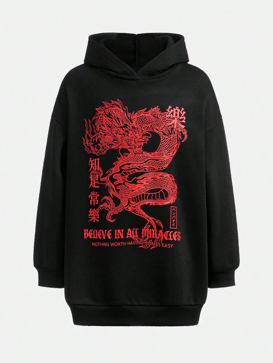 SHEIN 女孩龍&標語圖案連帽衫適用於青少年