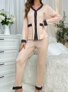 熊貓圖案長款上衣和長褲睡衣套裝,帶著色塊邊緣 - 彩色 - 查看 6